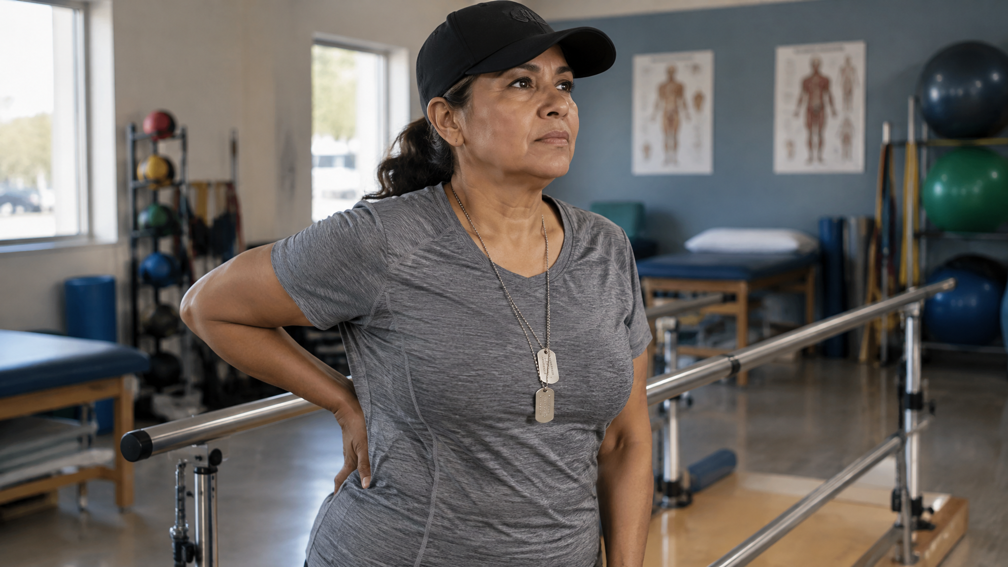 A woman veteran in a veteran cap and dog tags in a VA physical therapy room with one hand pressed to her lower back