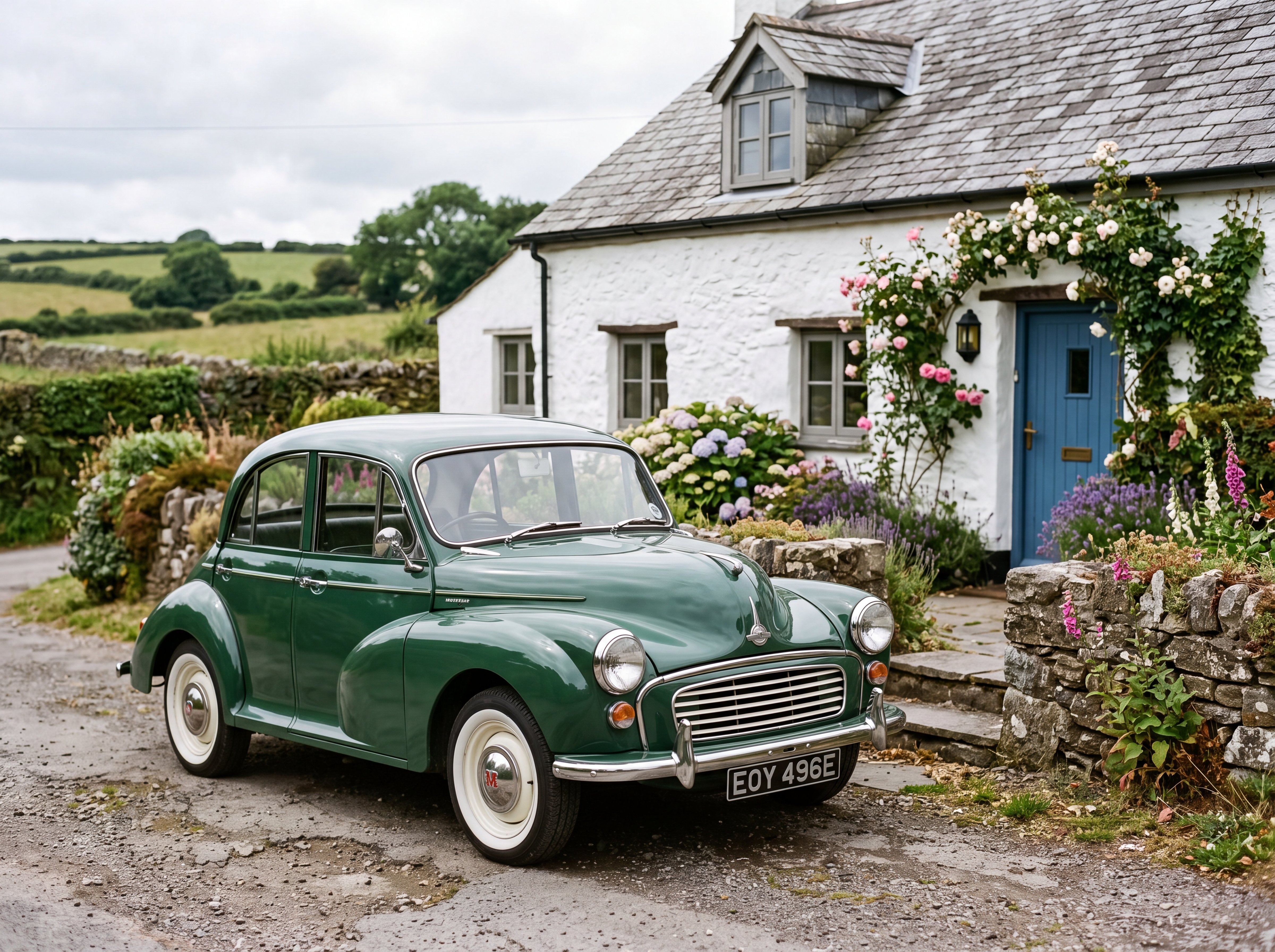 1967 green Morris Minor parked outside a whitewashed Cornish cottage