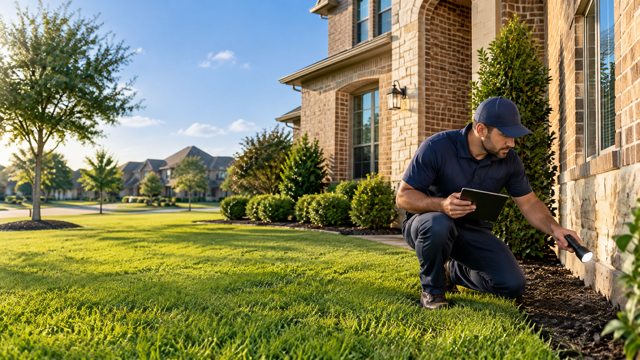 Pest control technician inspecting home