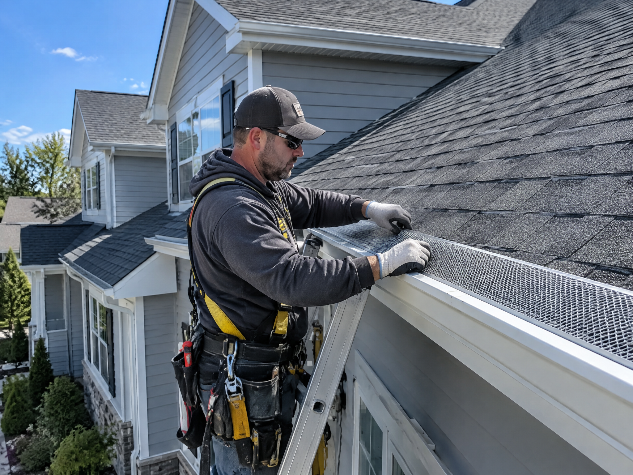 Contractor installing gutter guard covers on new seamless gutters