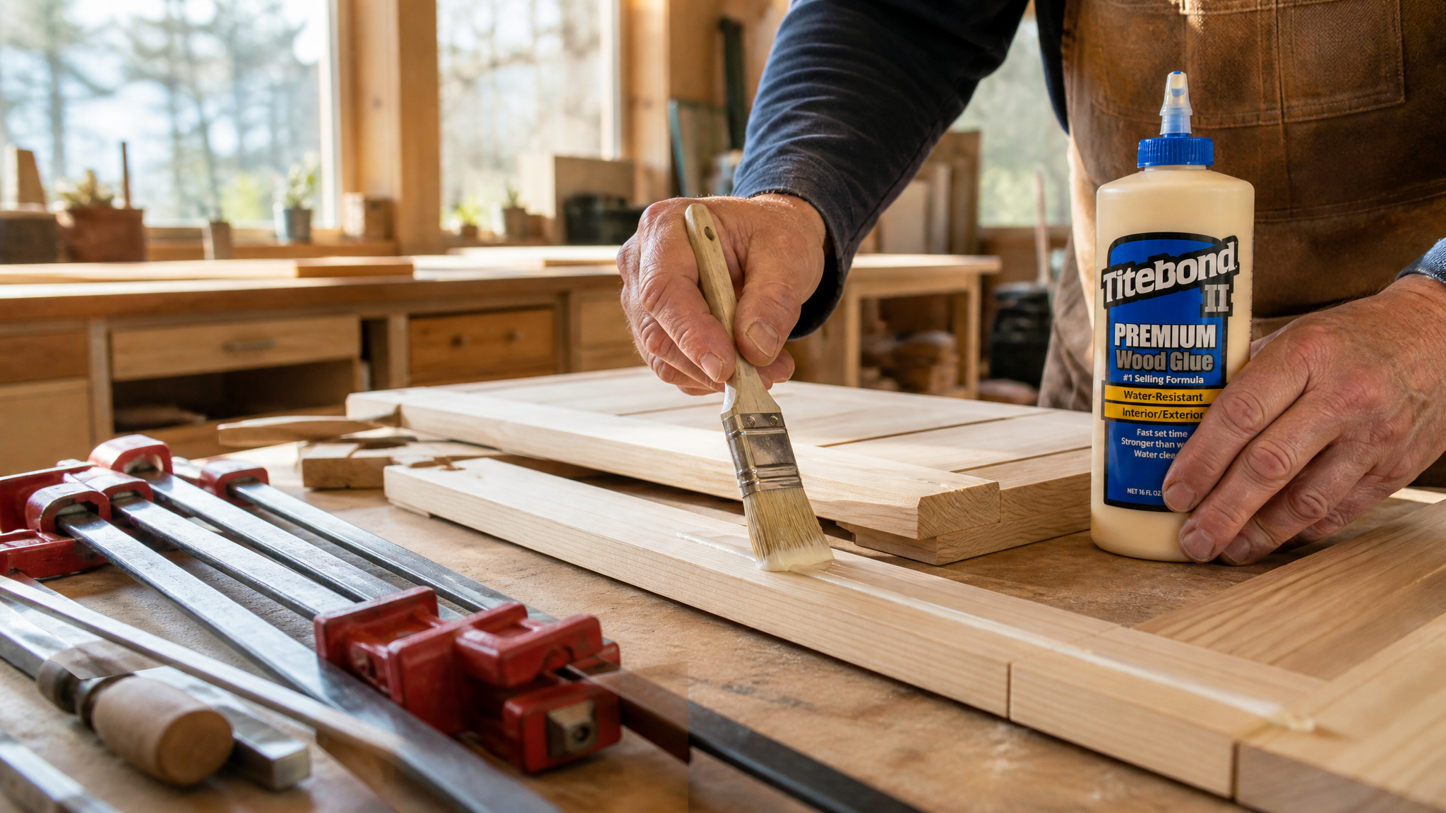 Carpintero aplicando pegamento Titebond II en tablones de madera para proyectos de exterior y cocina