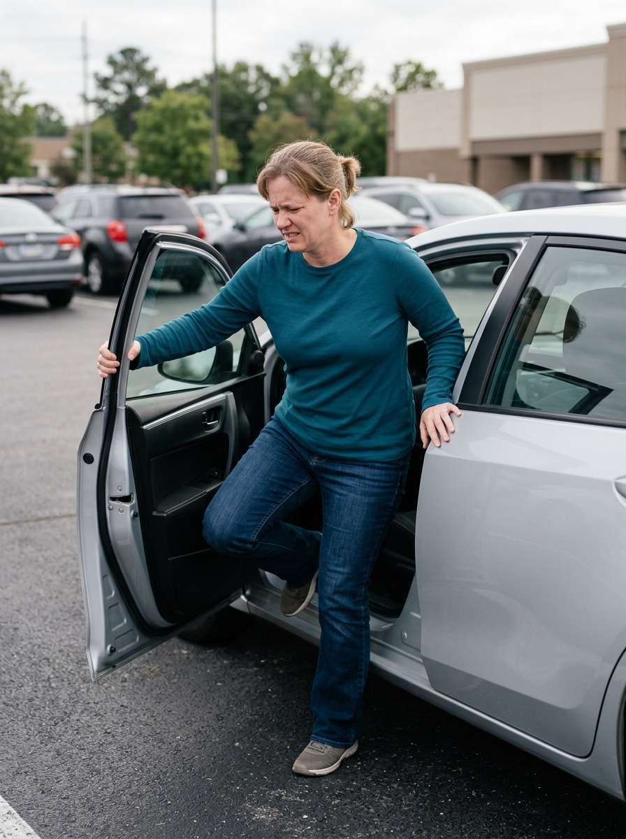 White female veteran in her 40s struggling to exit a car with the door open wide gripping the frame for support due to limited hip abduction