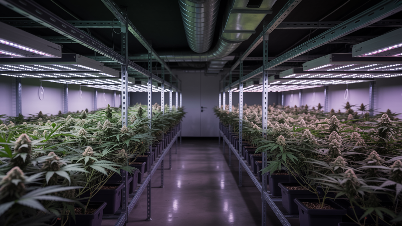 Moody premium cannabis facility with rows of plants under LED grow lights and industrial shelving systems