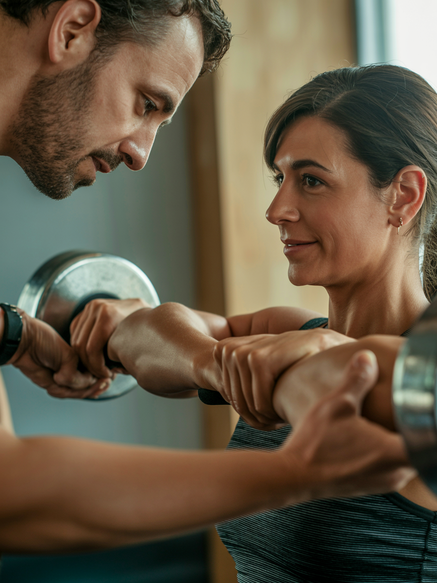 Coach providing personalized form correction and supportive one-on-one guidance during strength training