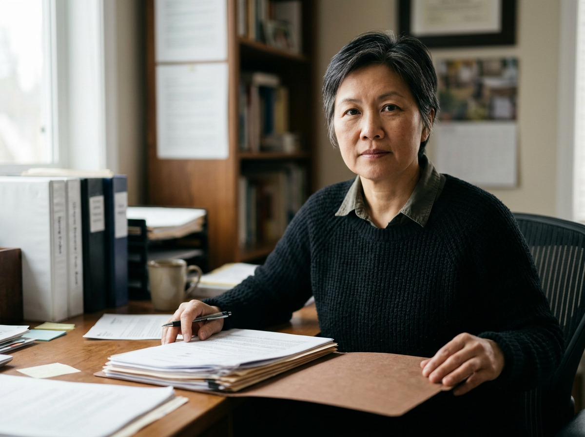 Woman veteran in her fifties at a desk with her claims file open, composed and prepared