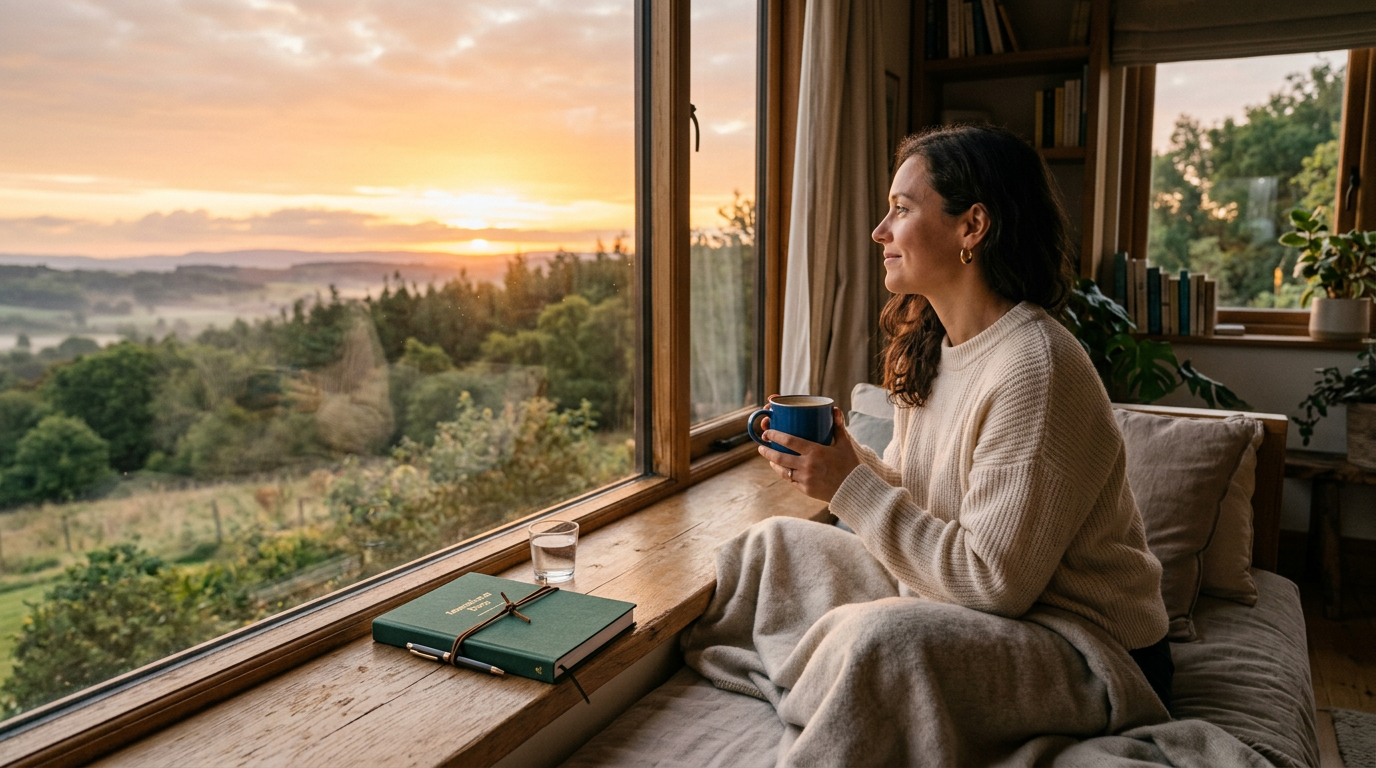 Manhã calma com café e planner fechado ao nascer do sol representando leveza