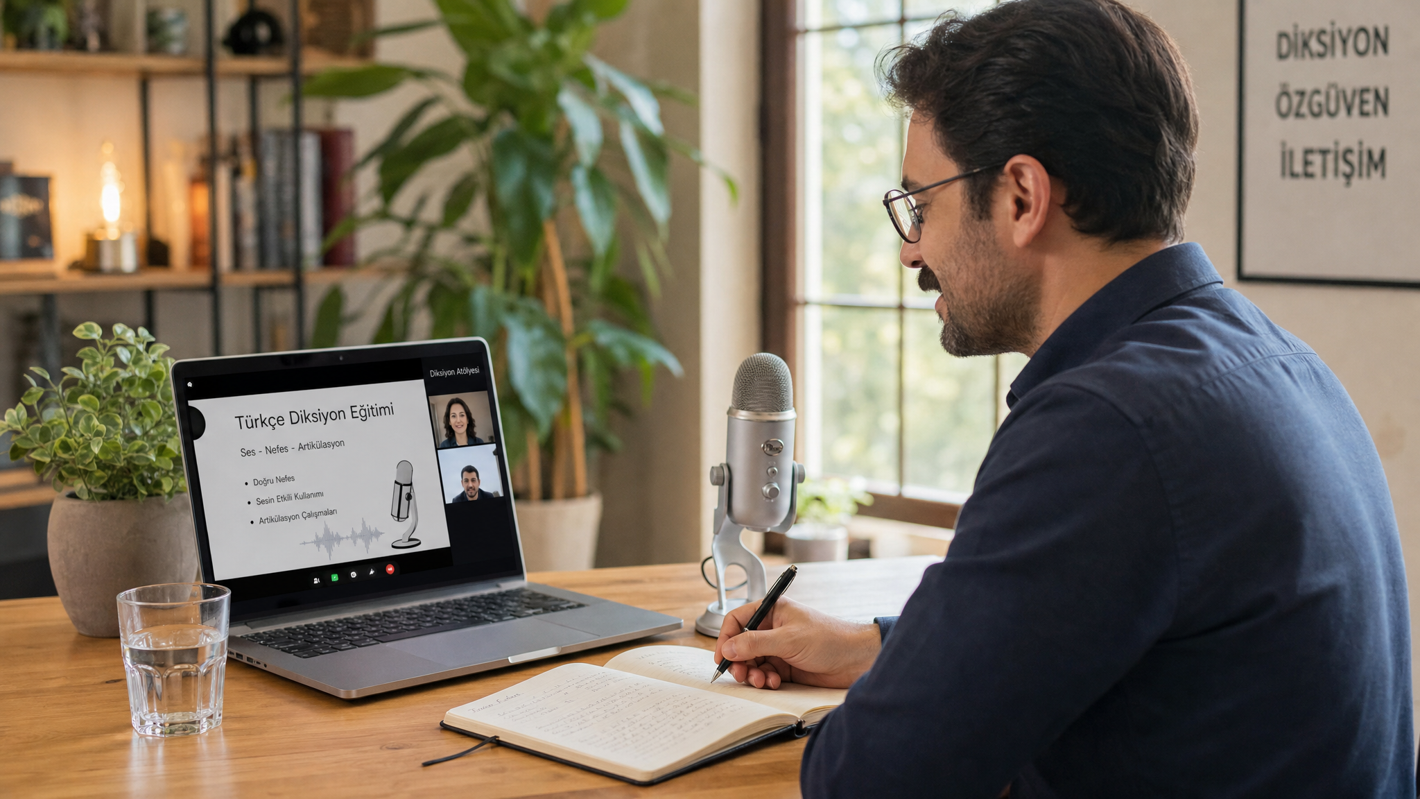Çevrimiçi diksiyon eğitimi için modern masa düzeni - laptop, mikrofon ve not defteri