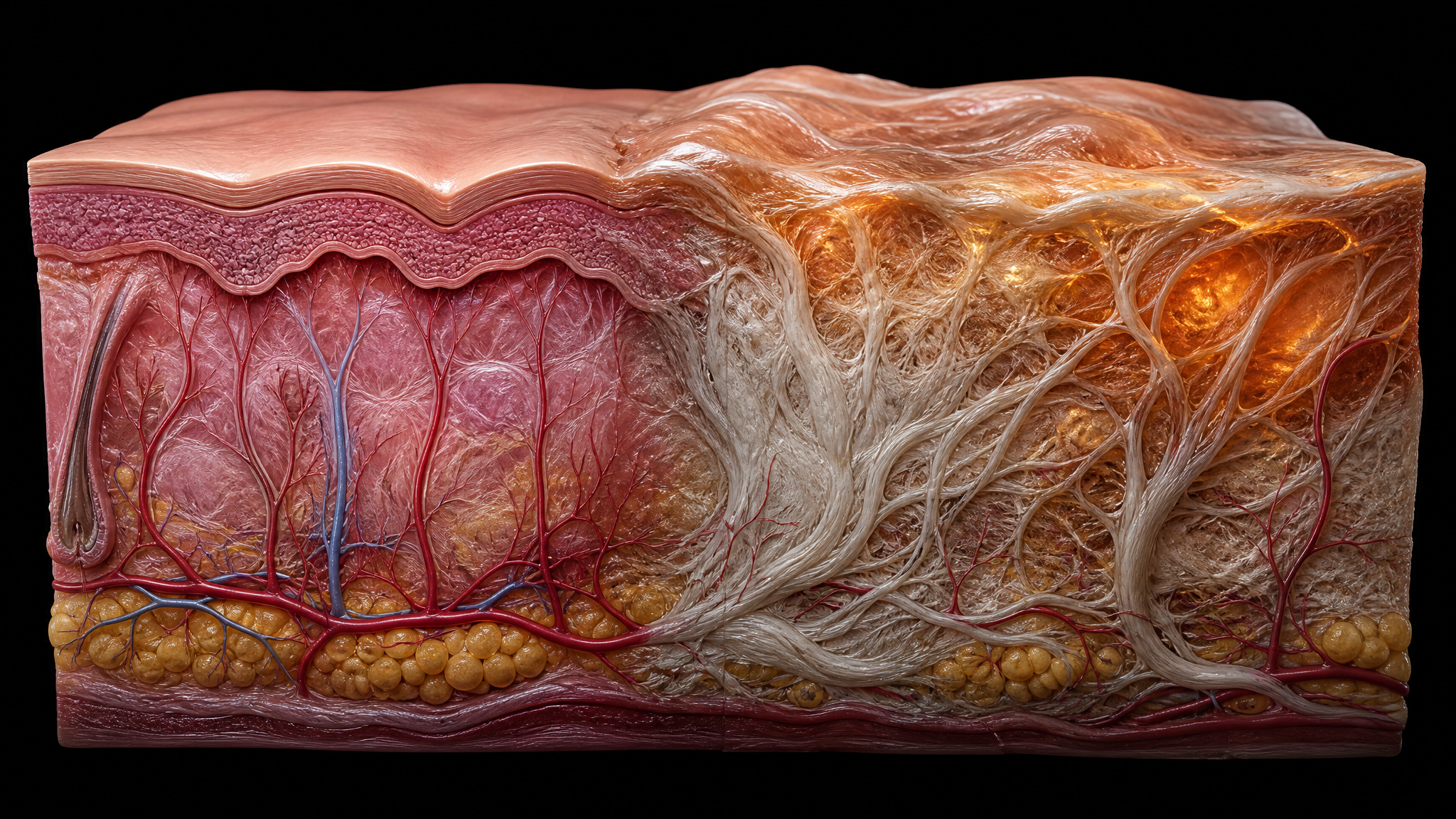 Three-dimensional cross-section of skin showing scar tissue formation with disrupted collagen fibers replacing normal dermis and epidermis layers against a dark background