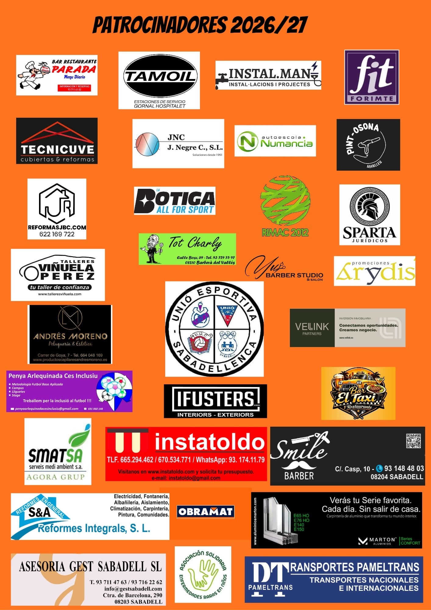 Cartel de patrocinadores 2026/27 de la Unió Esportiva Sabadellenca, entre ellos Sparta Jurídicos