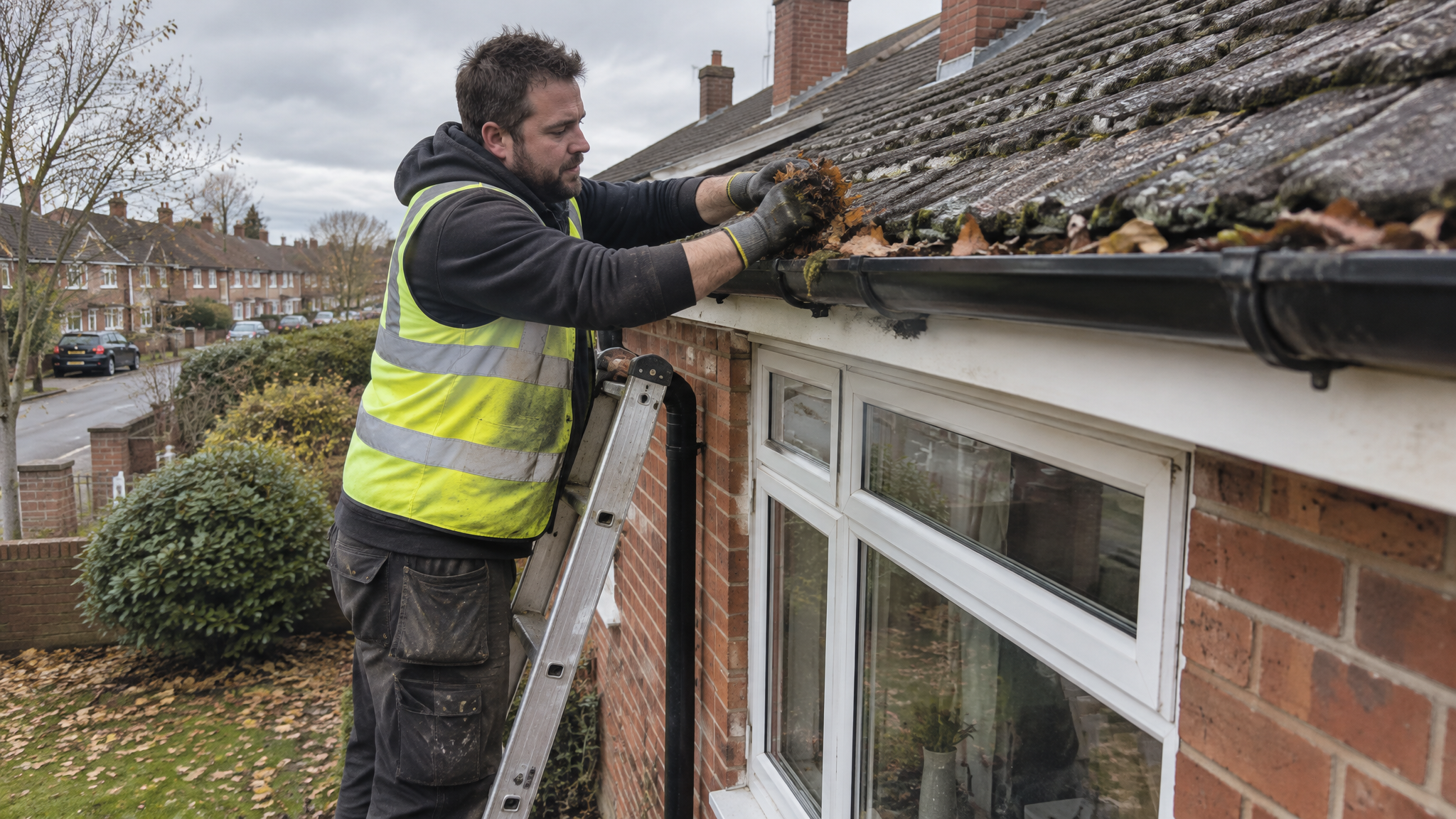 Worker clearing leaves from guttering on a British house