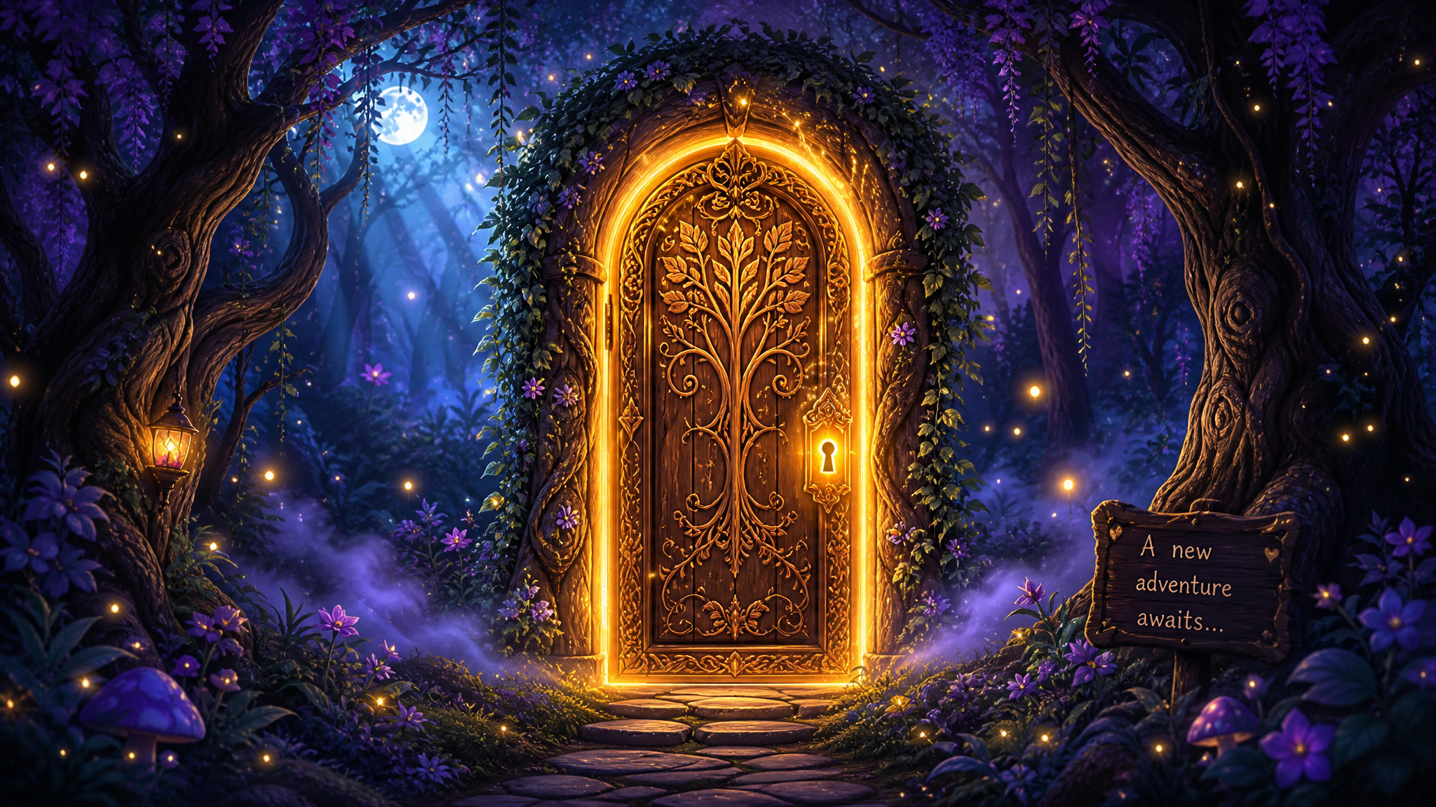 Puerta mágica encantada brillando con luz dorada en un bosque místico nocturno
