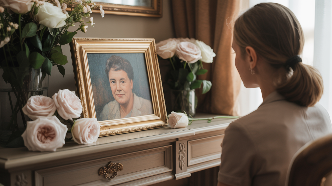 Gentle memorial portrait painting displayed with flowers in a peaceful setting
