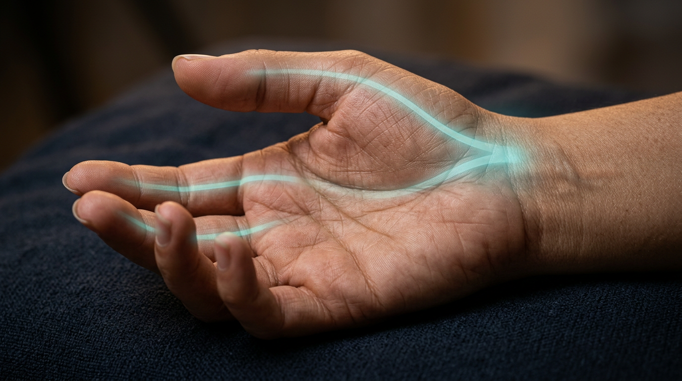 Close-up of a woman’s hand with the median nerve distribution highlighted along the thumb, index and middle fingers to show the carpal tunnel numbness pattern
