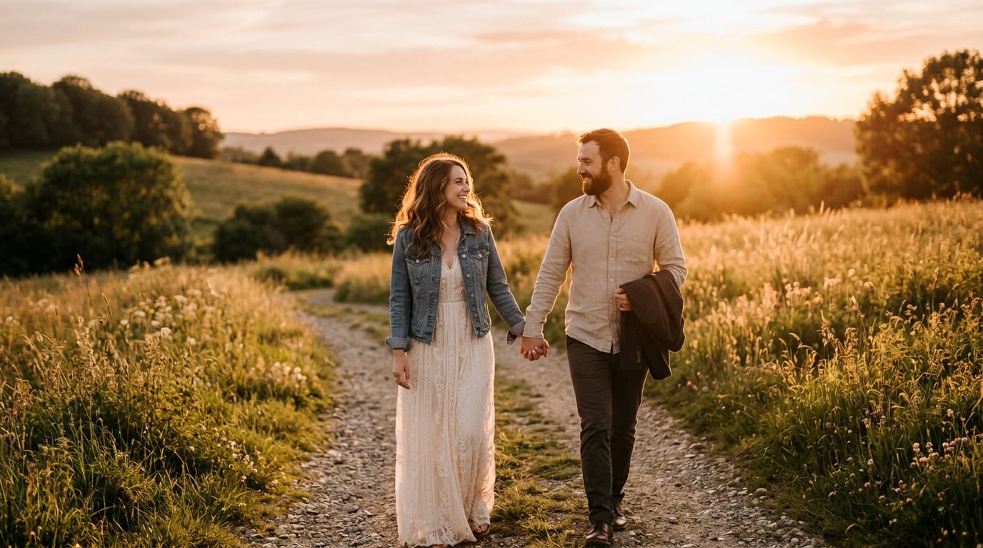 Romantic couple walking at sunset