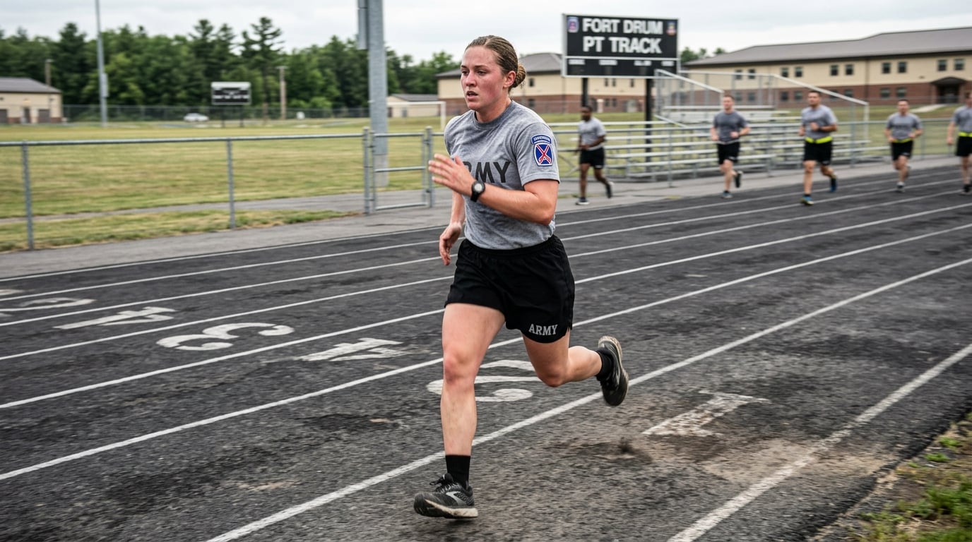 A woman soldier running physical training on a hard track