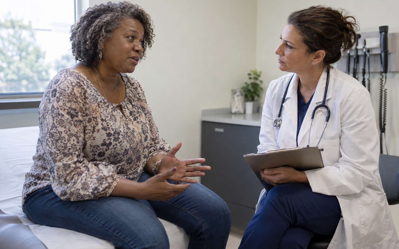 A woman veteran speaking honestly with a female clinician during an exam