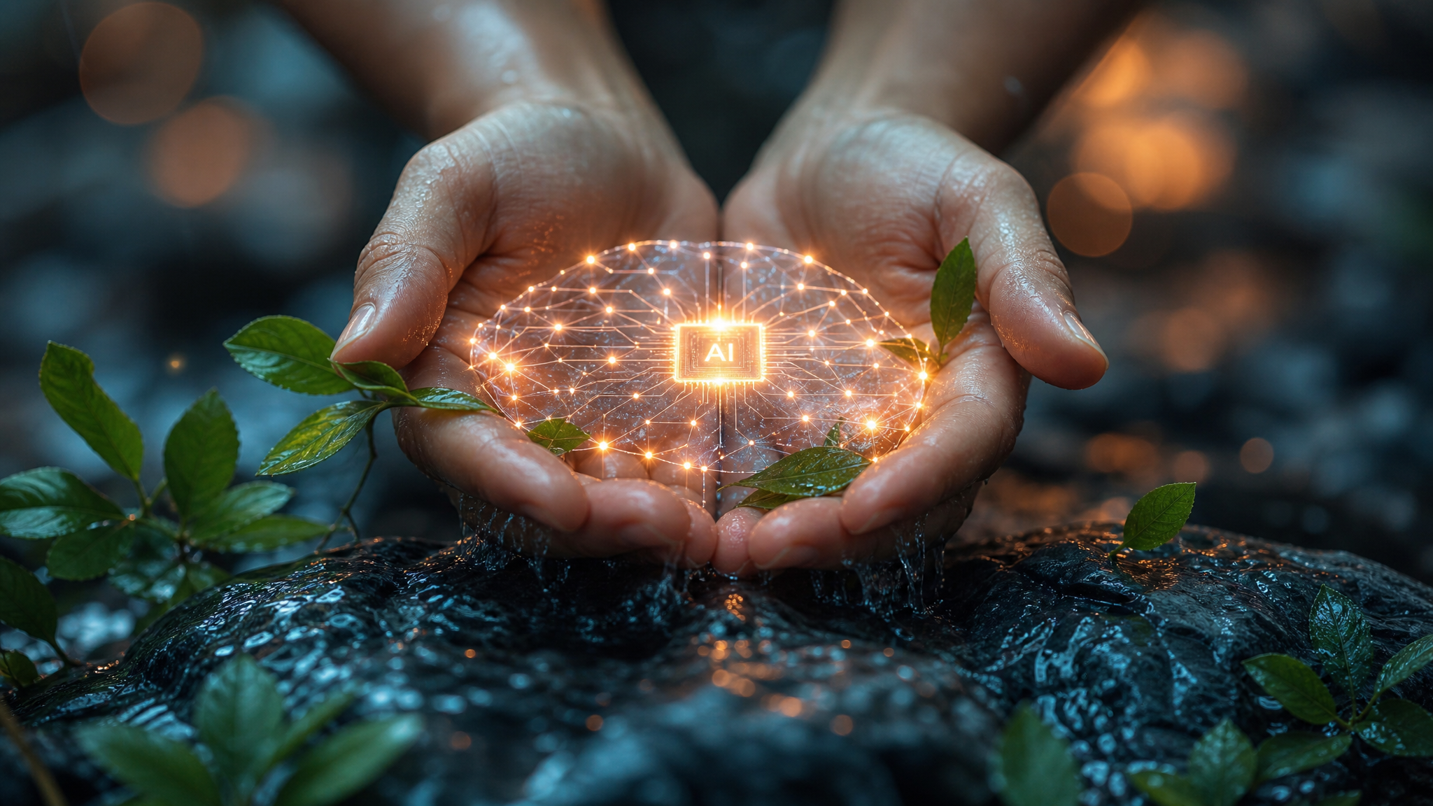 Hands cradling AI technology symbolizing ethical and responsible AI stewardship
