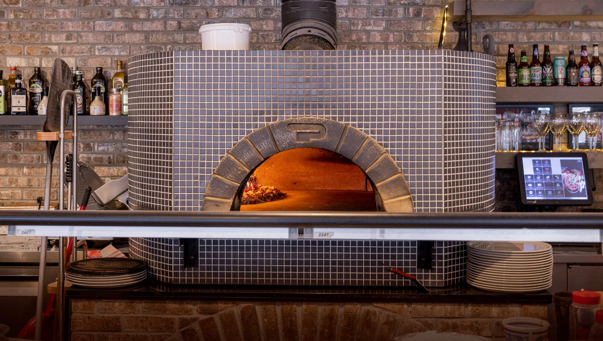 Restaurant interior with pizza oven