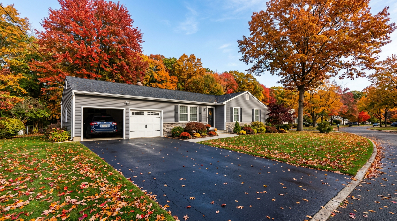 Asphalt driveway at NJ ranch home in autumn