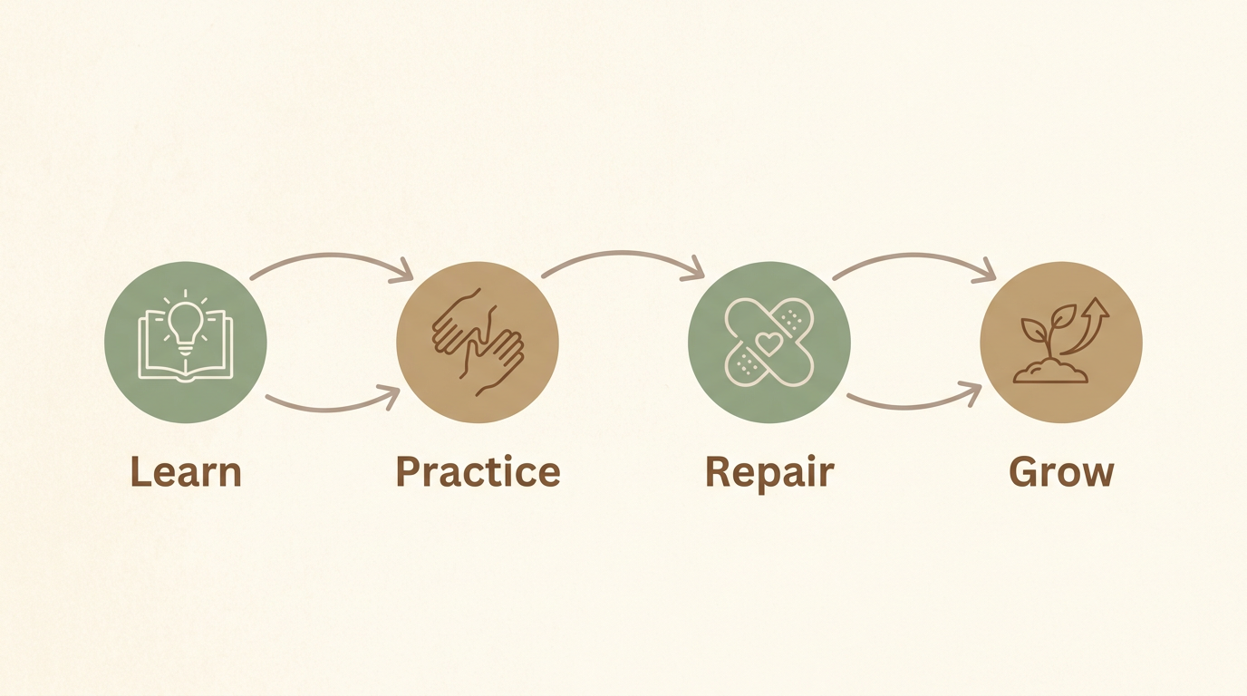 Learn Practice Repair Grow pathway showing the journey of attachment healing
