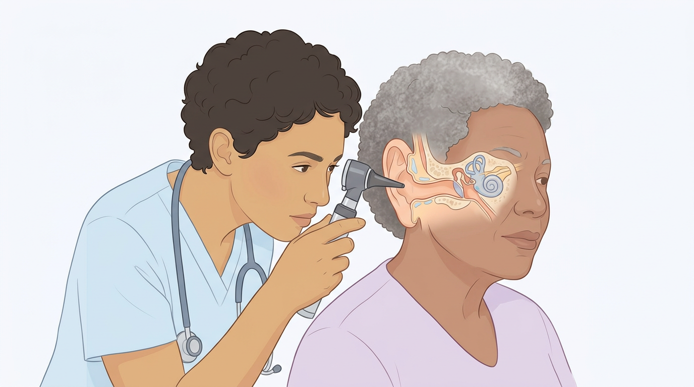Illustration of a clinician using an otoscope to examine a seated patient's ear