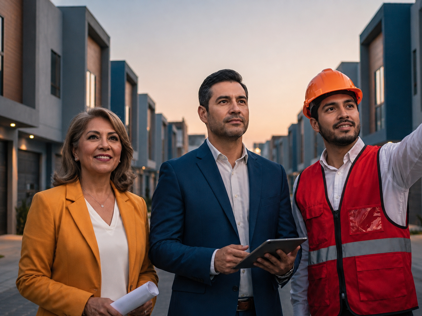 Tres profesionales de construcción: arquitecta, director y ingeniero en sitio de obra