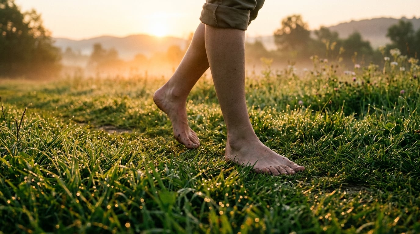 Pieds nus marchant sur l'herbe humide à l'aube
