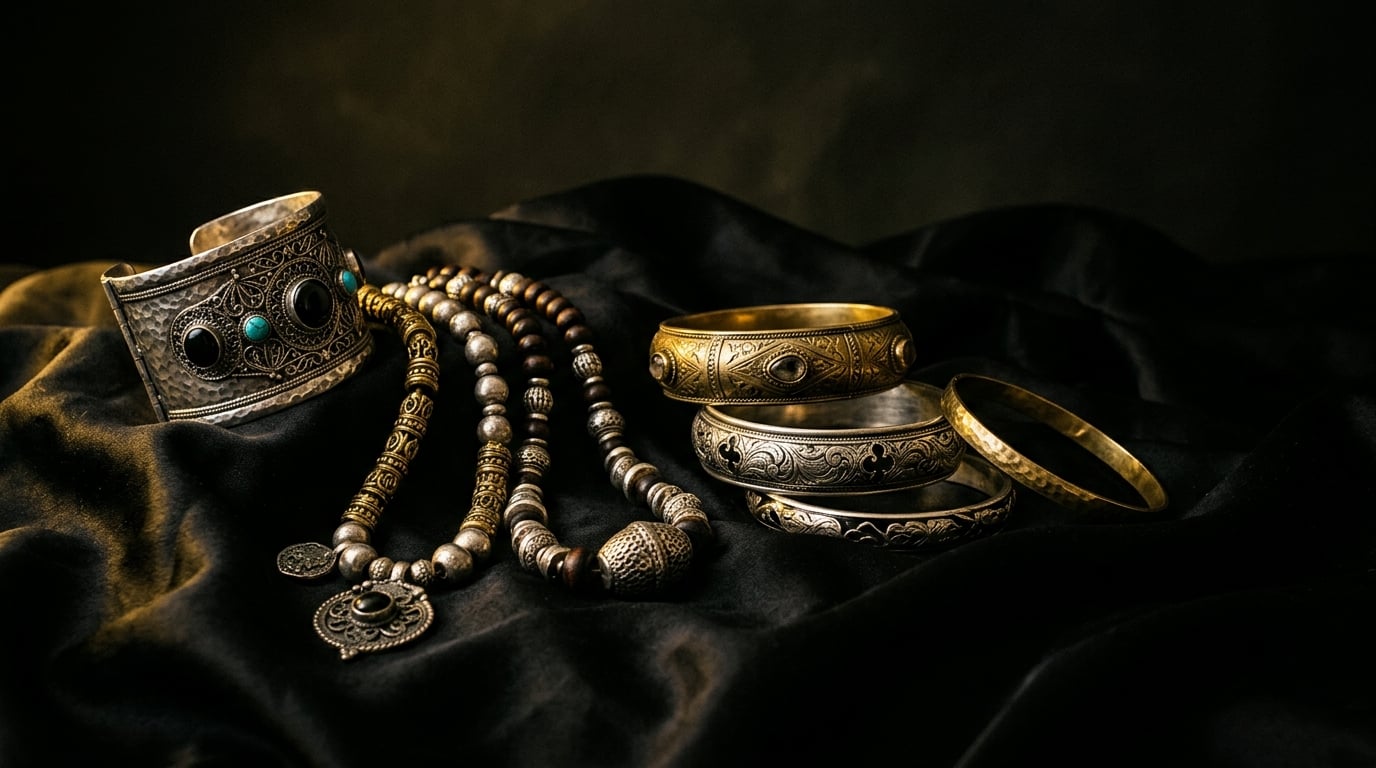 Luxury artisan jewelry collection on dark silk