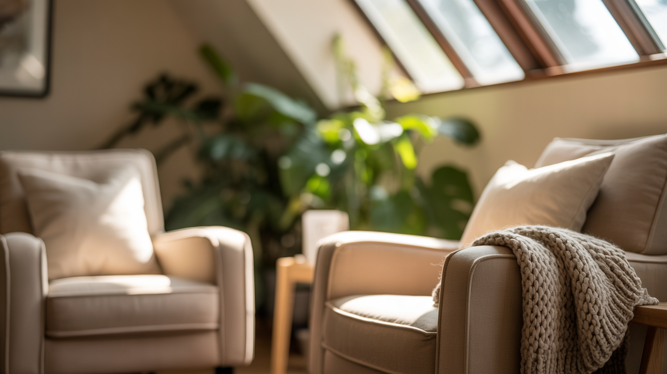 A warm, inviting therapy room with comfortable armchairs, soft natural lighting, and calming neutral tones creating a safe space for healing