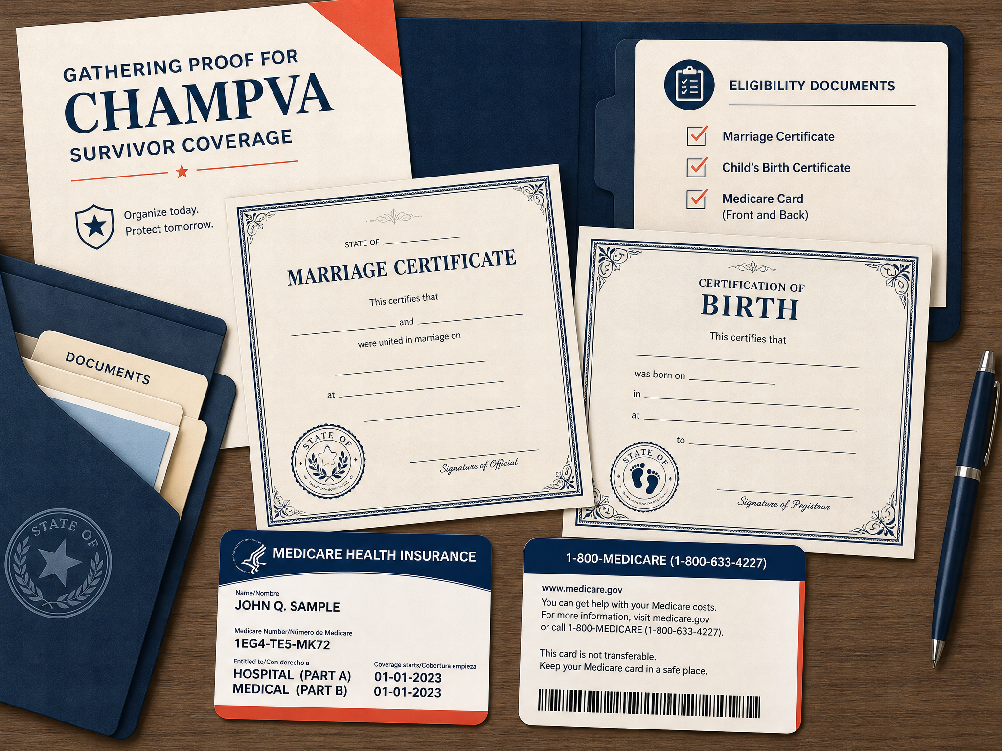 Illustration of a marriage certificate, a birth certificate and a Medicare card gathered in a CHAMPVA folder with an eligibility-documents checklist - the proof you gather