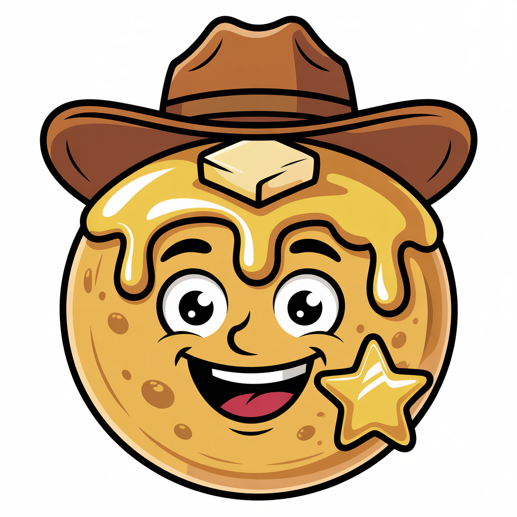 Cowboy pancake mascot wearing a sheriff hat and badge — the Pancake Sheriff Club mascot