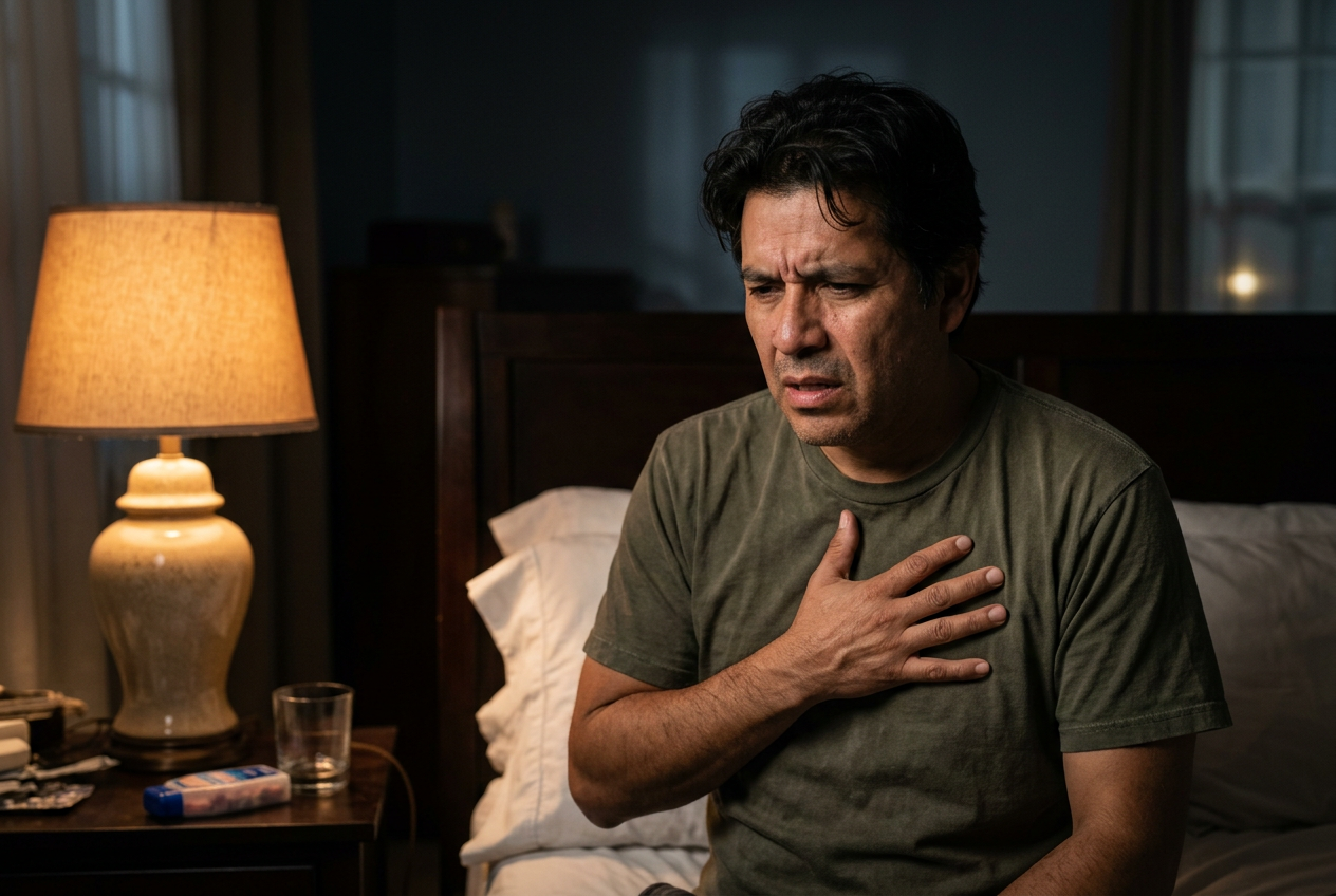 Latino male veteran in his 40s sitting up in bed at night pressing one hand to his chest with a pained expression from acid reflux heartburn
