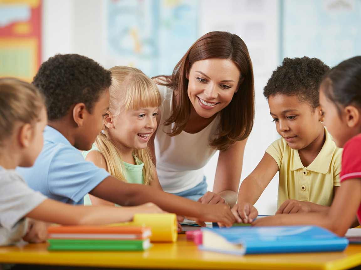 Teacher helping diverse elementary students with learning materials