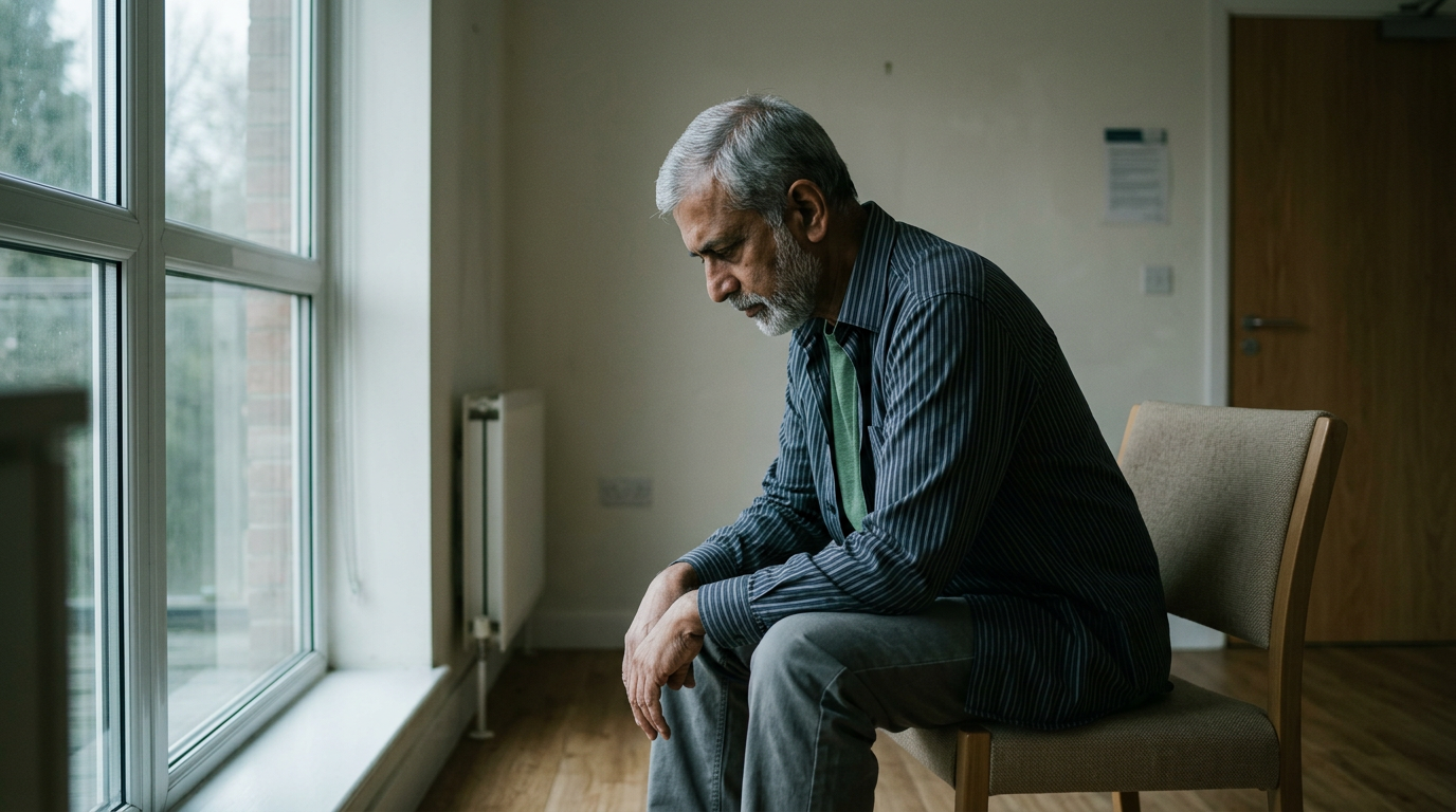 South Asian male veteran in his sixties sitting alone by a window looking downcast and withdrawn from chronic illness