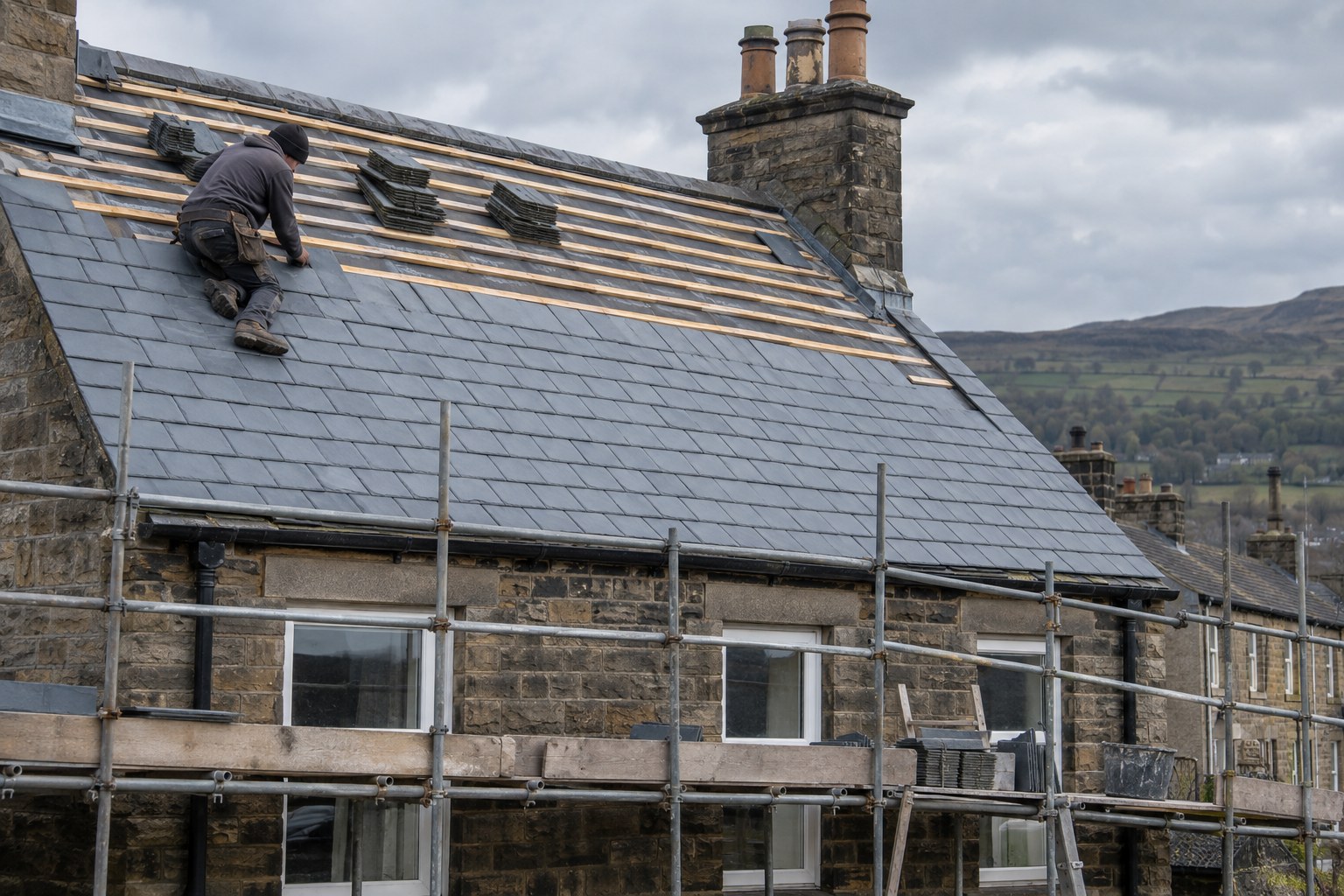 Stone cottage being re-roofed with new slates