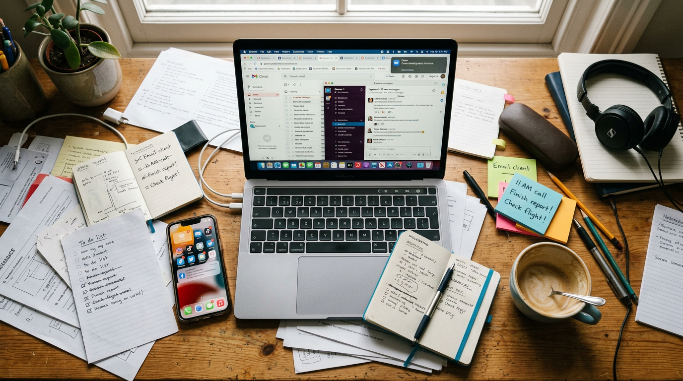 Mesa de trabalho desorganizada com laptop, smartphone e notificações, representando o caos da distração