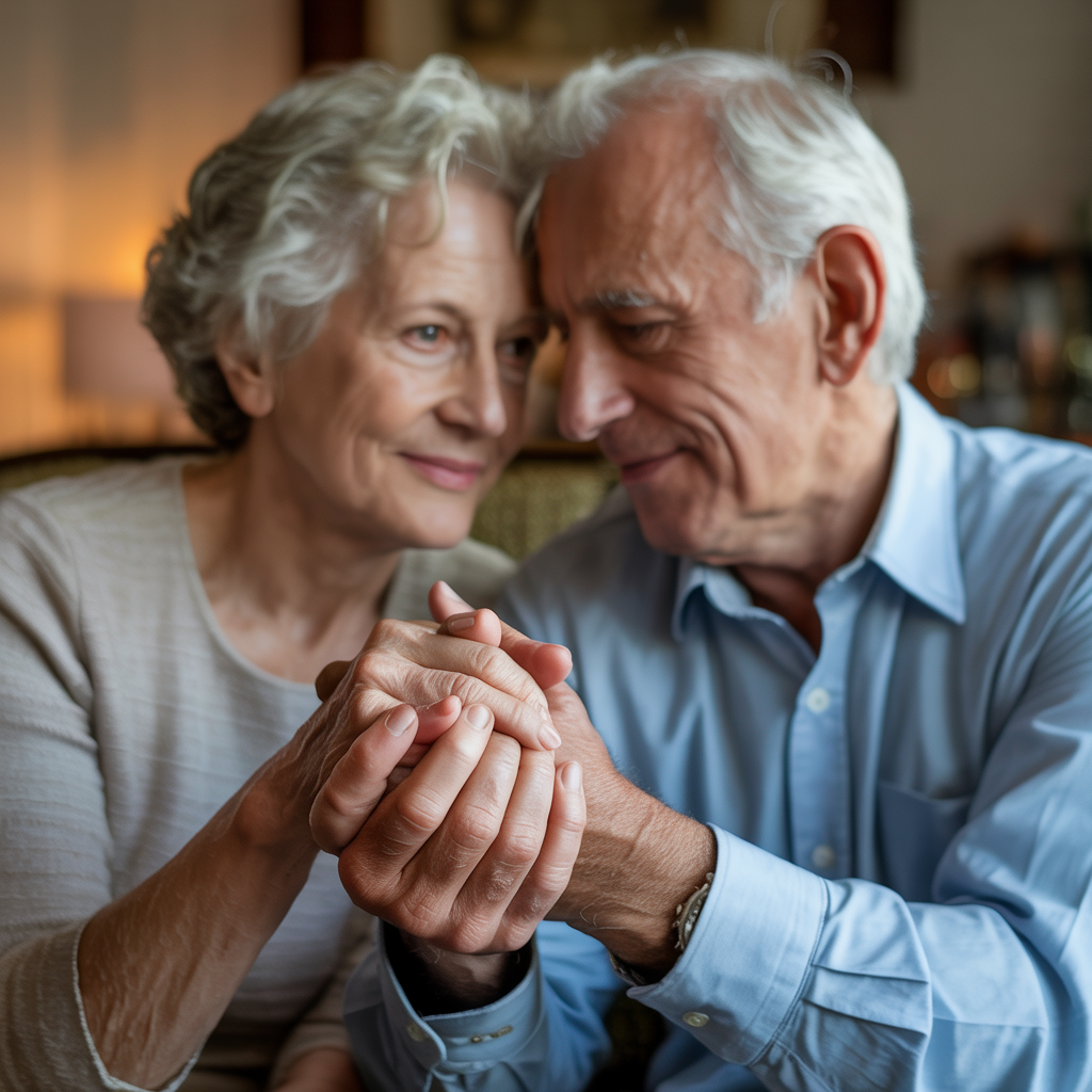 Elderly couple holding hands during romantic ballad