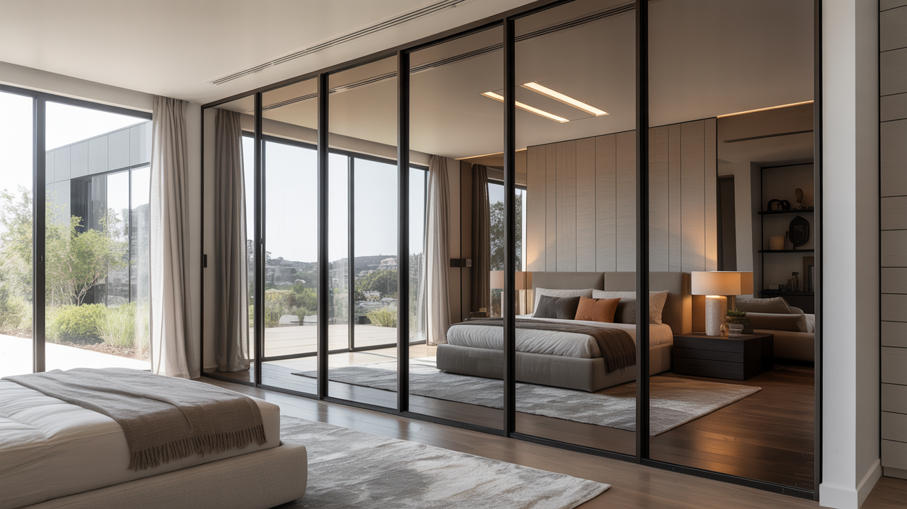 Luxury bedroom with sliding mirror wardrobe doors