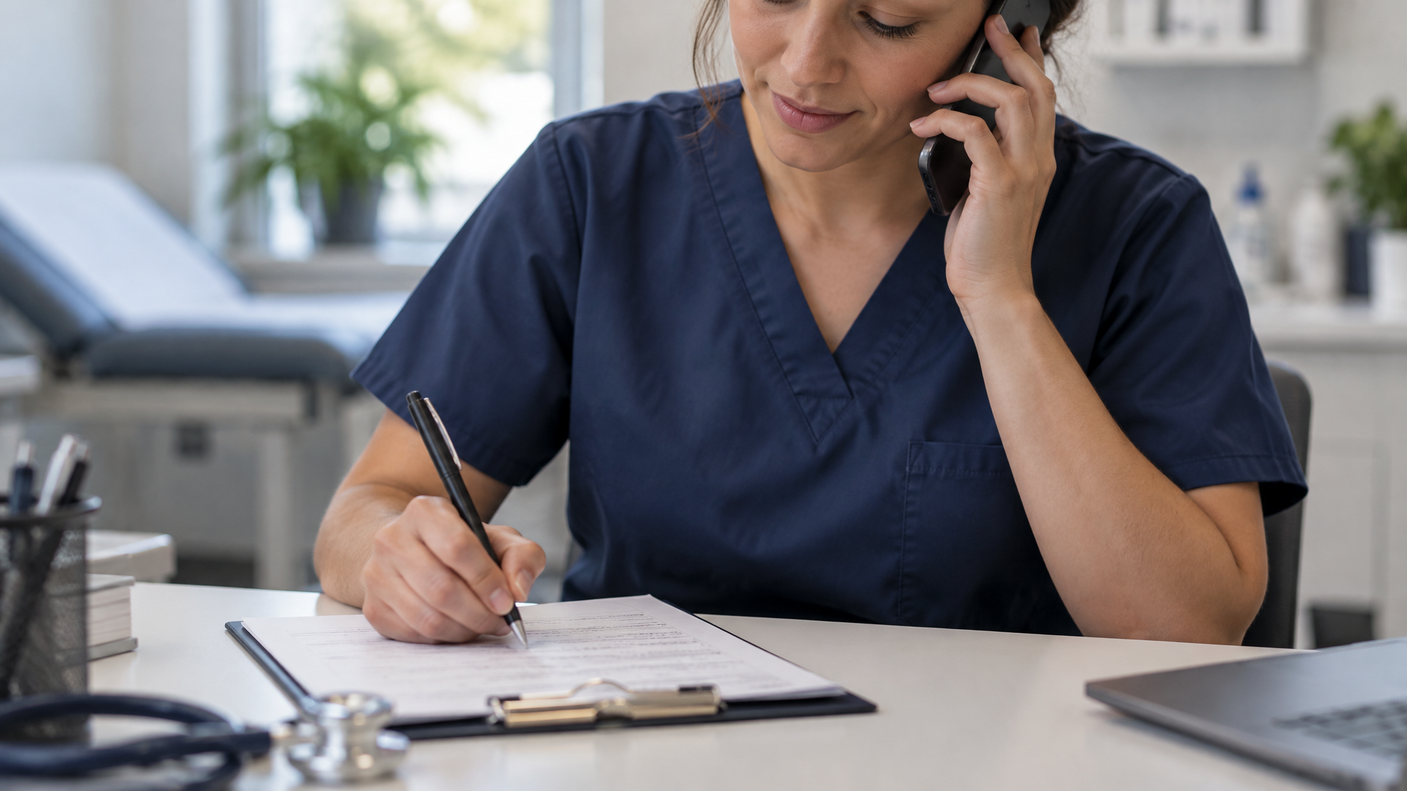 Nurse making a follow-up phone call to a patient while taking notes on a clipboard
