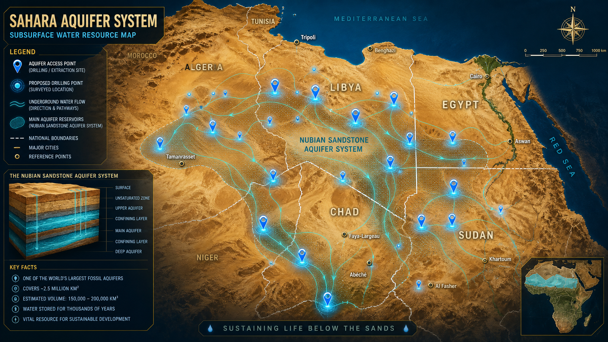 Strategic map of Sahara showing aquifer drilling points across Libya, Egypt, Chad and Sudan