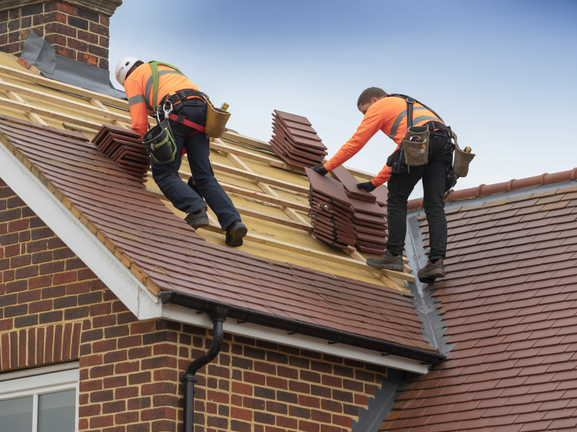 Professional UK roofers working on traditional British residential roof