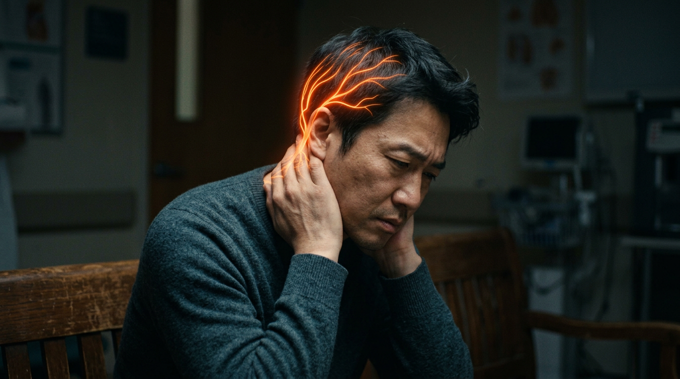 An East Asian man cradling the base of his skull with both hands, the occipital nerves glowing hot orange and fanning upward over the back of the scalp, in a dark cinematic setting
