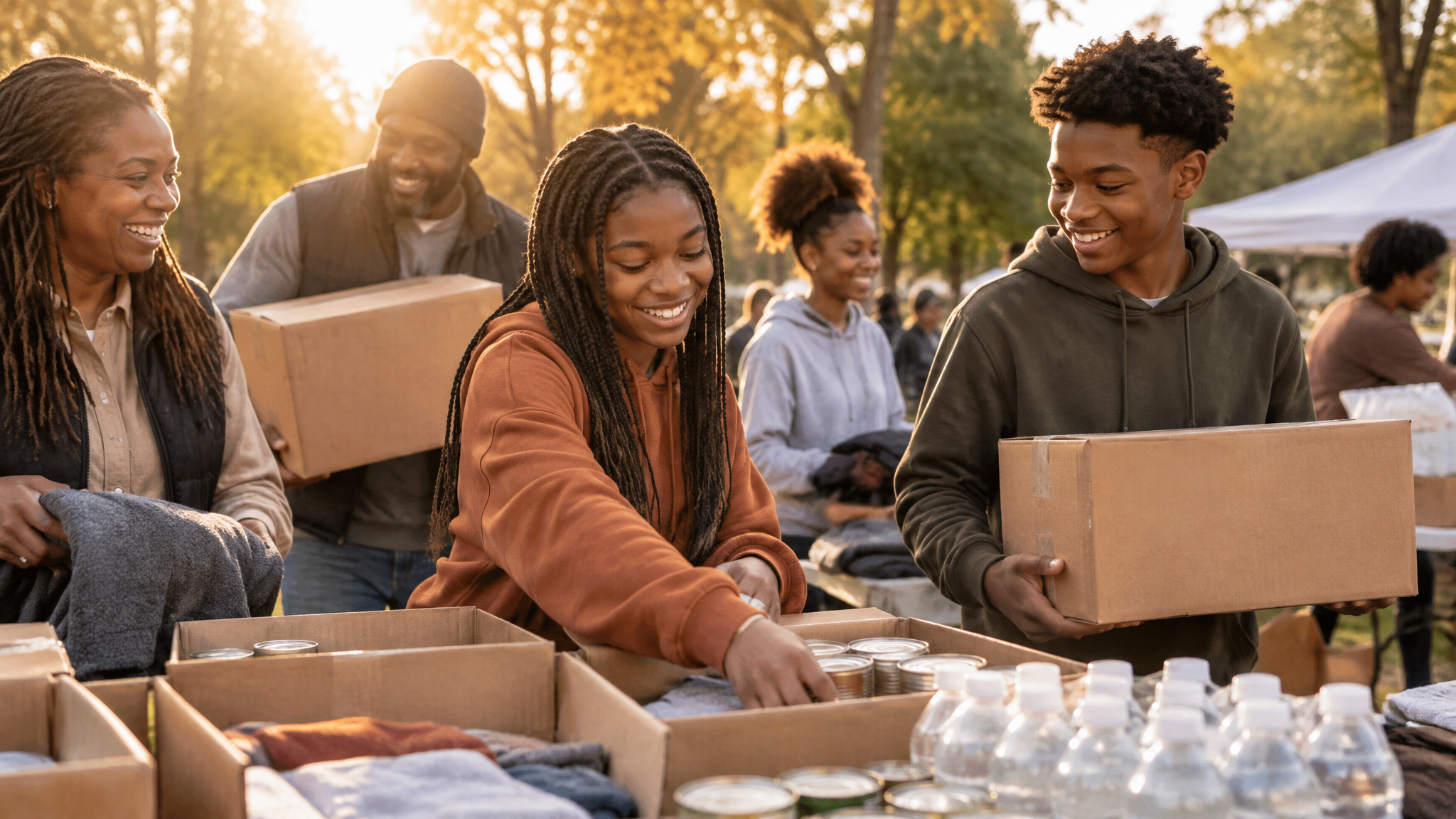 Teens and adult mentors volunteering together at a community event