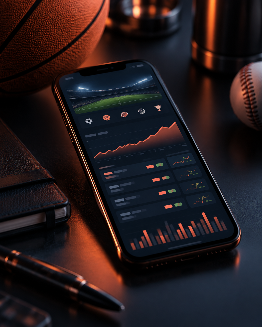 Smartphone showing iGaming performance dashboards in dramatic low light