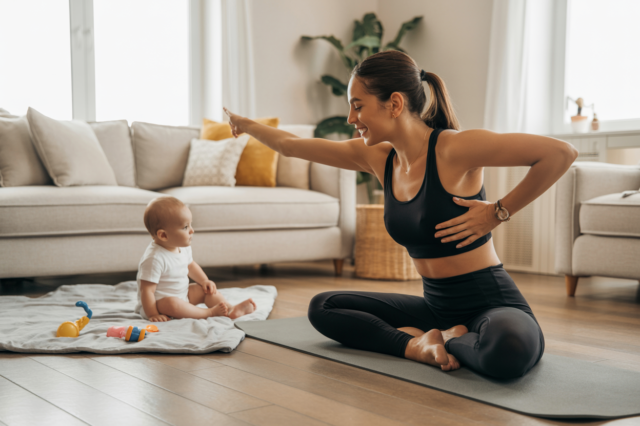 Post-natal recovery fitness with baby nearby