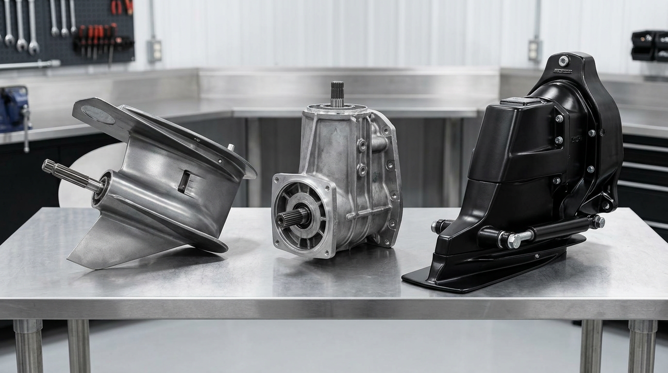 Bravo lower unit gearcase, upper unit gearcase, and complete sterndrive assembly arranged side by side on a marine workshop bench