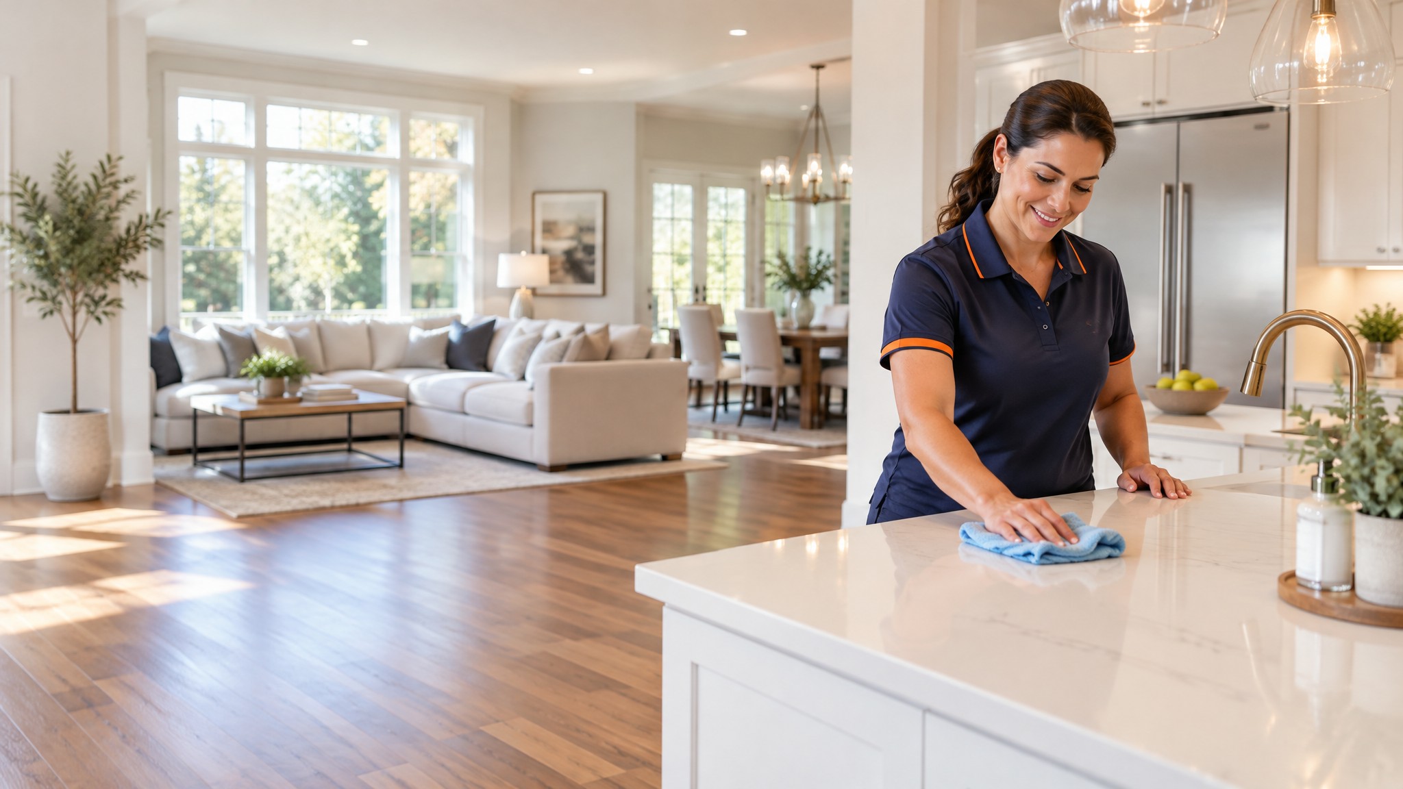 Atlanta Turnovers cleaner wiping a kitchen island in a bright, spotless Atlanta home