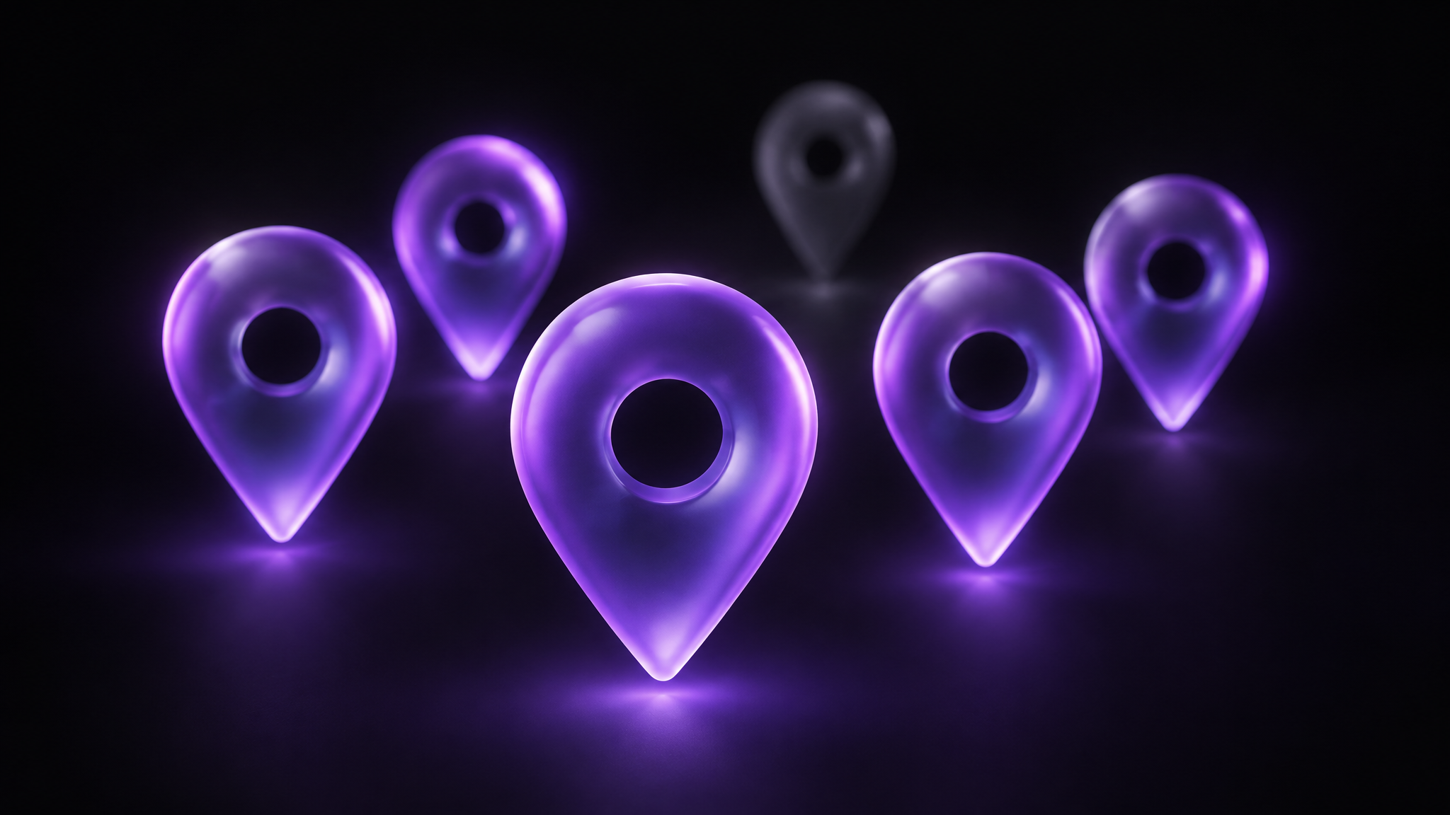 A cluster of frosted glass map pins in the dark, five glowing bright violet and one dim and pushed to the back, representing one business missing from the local map pack