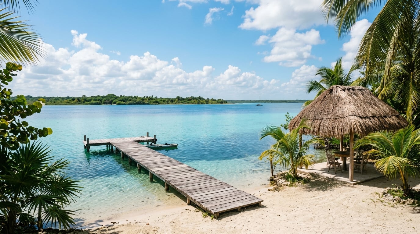 Peaceful view of Laguna Bacalar with dock and palapa at sunset
