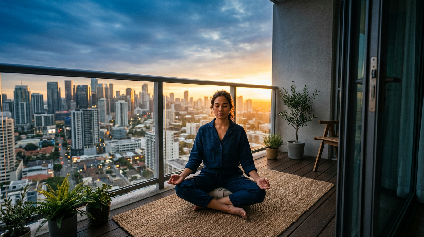 Pessoa meditando em varanda ao amanhecer com cidade ao fundo, equilíbrio e serenidade